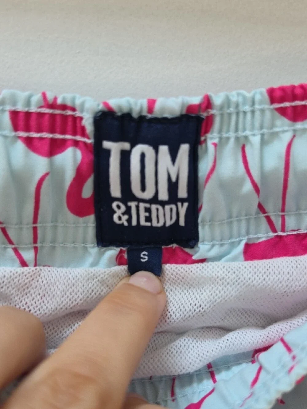 Tom & Teddy Men's Light Blue Swim Trunks with Pink Flamingo Print